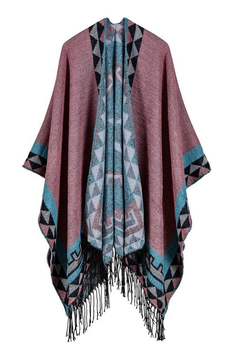 Womens Knitted Cashmere Reversible Wrap Shawls Blanket Ponchos Cardigans Capes Coat Sweater Pink